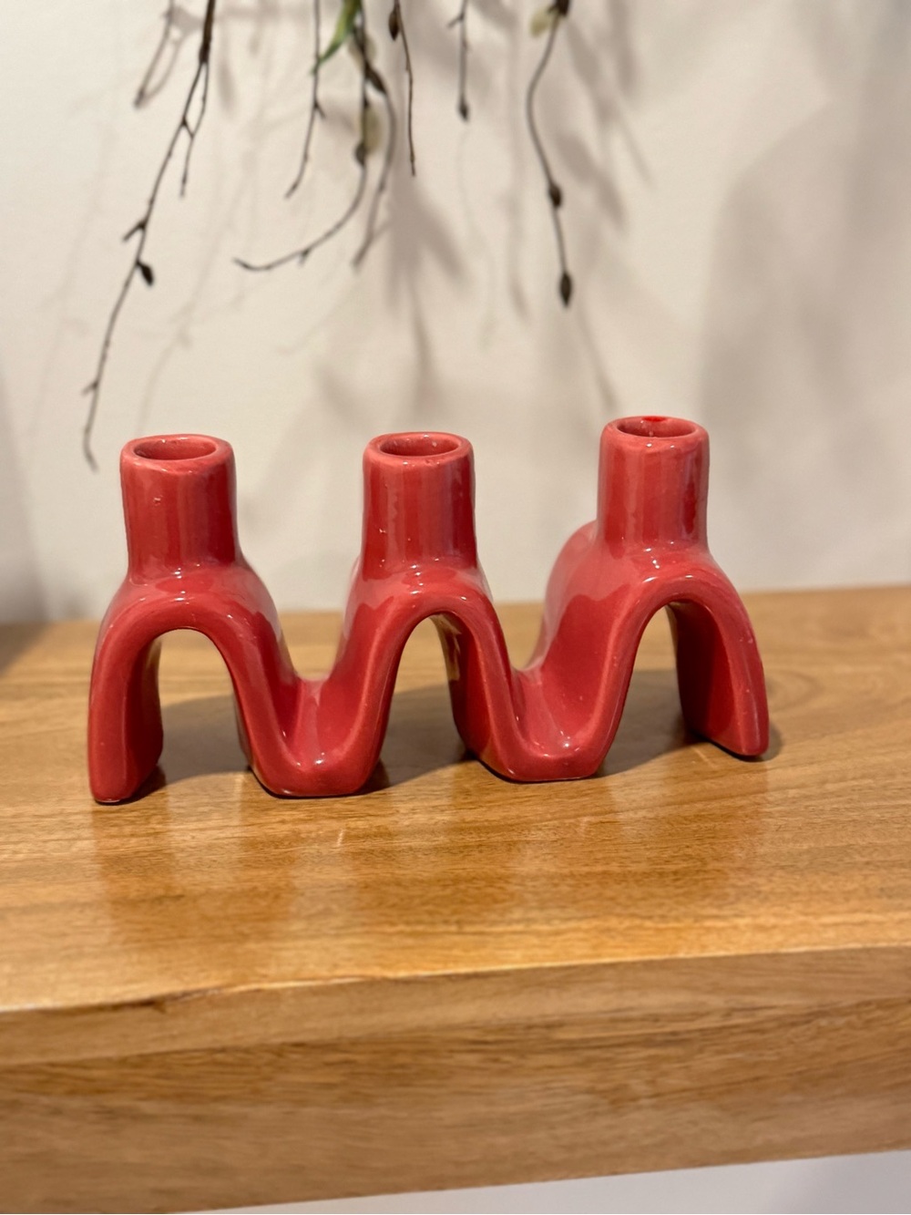 Ceramic Triple Candle Holder in Coral Red